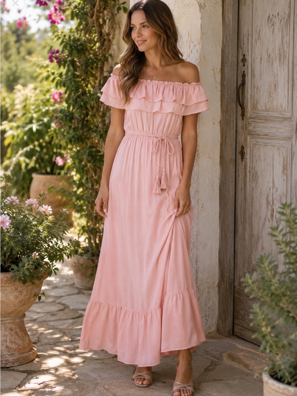 Dress‎ Day Maxi Dress Womens Small Pink NWT Off Shoulder Ruffle Boho Tassel Tie